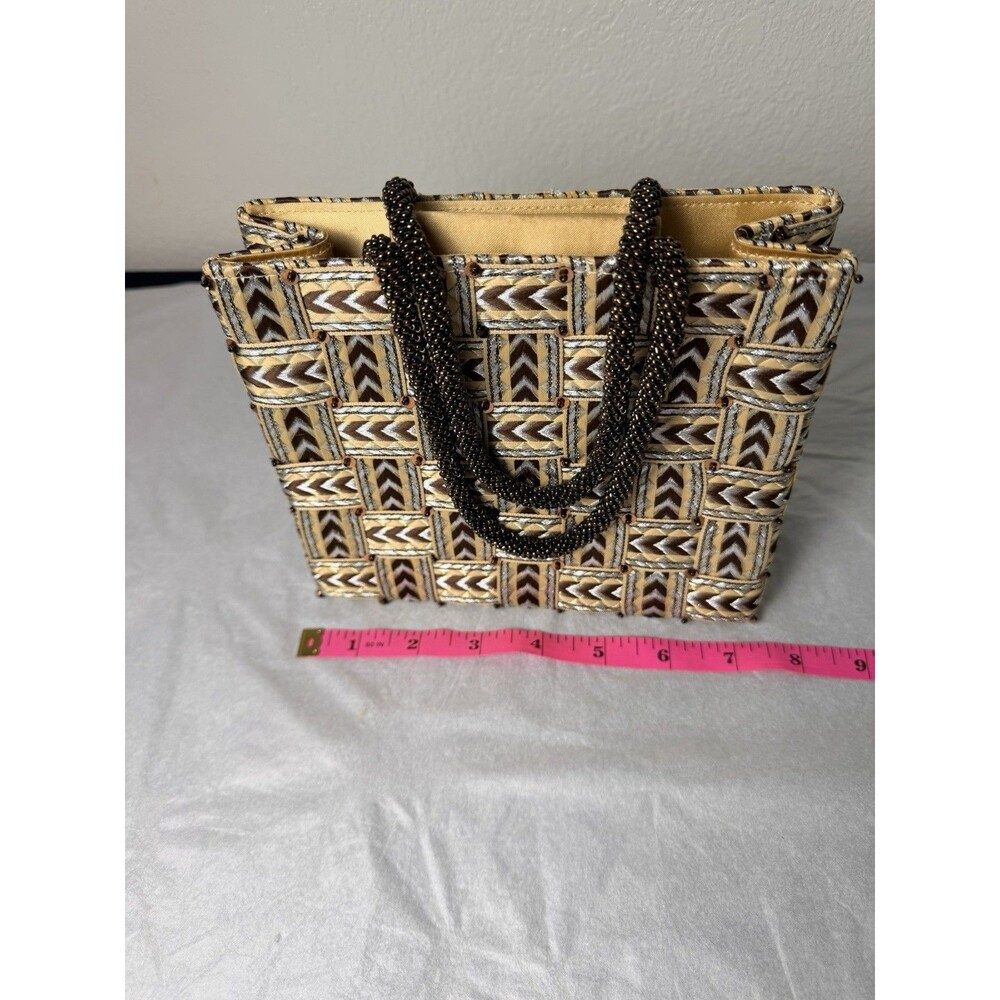 Vintage Vanessa Woven Handbag Beaded Handle Chevron Geometric Tote Purse MINT - Picture 2 of 8
